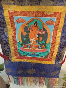 Antigüedades: Cortina de thangka de seda tibetana tradicional con brocado